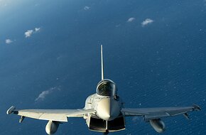 Spanish Air and Space Force Eurofighter flies over Greece during a training sortie