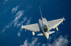 Spanish Air and Space Force Eurofighter flies over Greece during a training sortie