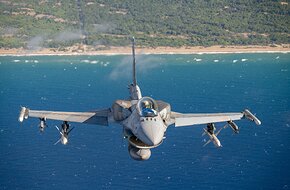 Hellenic Republic Air Force F-16 flies over Greece during a training sortie