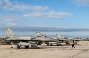 A line up of Hellenic Republic Air Force F-16s prepare for take-off