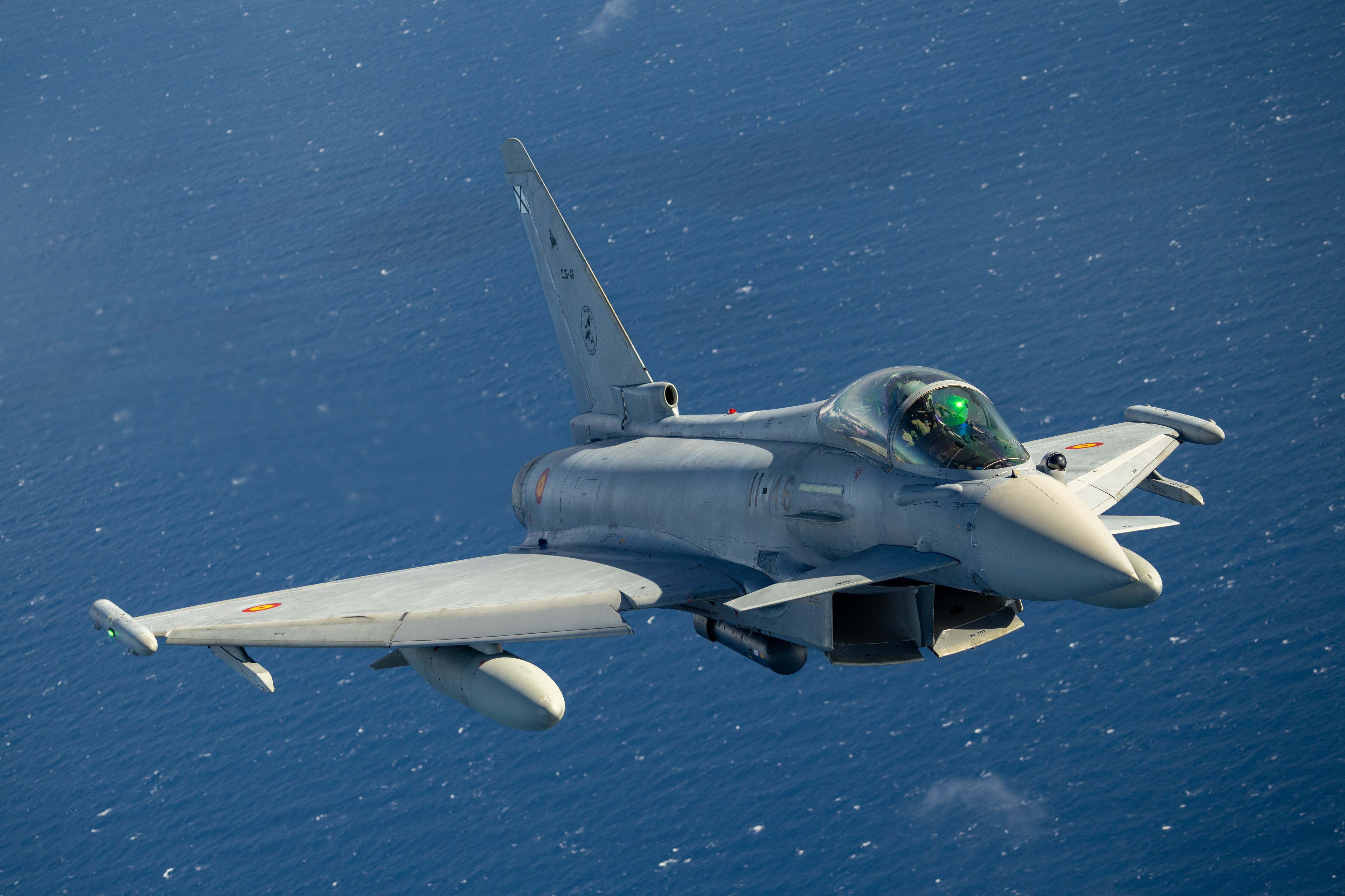 Spanish Air and Space Force Eurofighter flies over Greece during a training sortie